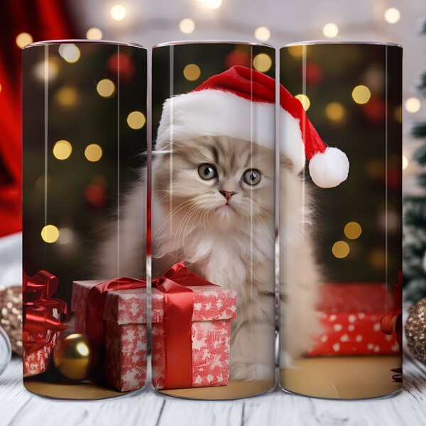 Christmas Ragamuffin Kitten with Santa Hat and Presents Tumbler Wrap, 20oz Skinny Tumbler Sublimation Design, Instant Digital Download PNG