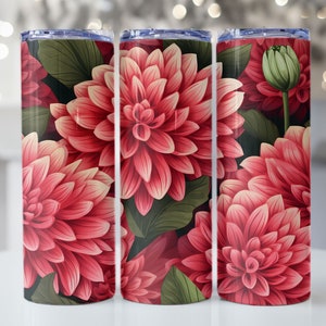 Pink Dahlia Flowers Tumbler Wrap, 20oz Skinny Tumbler Sublimation Design, Instant Digital Download PNG file
