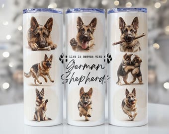 Diseño de vaso térmico con pastor alemán, vaso delgado de 20 oz con diseño de sublimación, descarga digital instantánea en formato PNG, ideal para amantes de los perros.