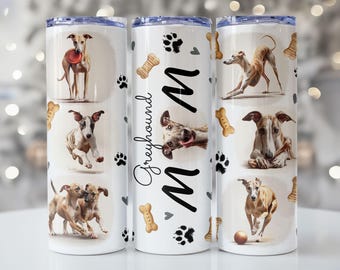 Diseño PNG para vaso térmico "Greyhound Mom", 20 oz, diseño delgado para sublimación, regalo para amantes de los perros, descarga digital.