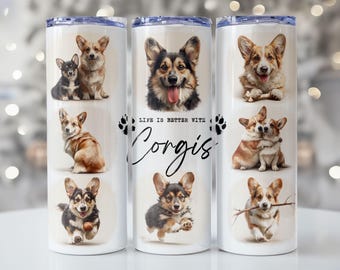 Diseño de vaso térmico Corgi, vaso térmico delgado de 20 oz con diseño de sublimación, descarga digital instantánea PNG, diseño para amantes de los perros.