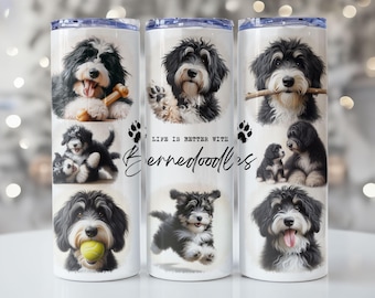 Diseño de sublimación para vaso térmico Bernedoodle en blanco y negro, vaso delgado de 20 oz, descarga digital instantánea PNG, diseño para mamás perrunas.