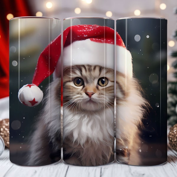 Christmas Fluffy Ragamuffin Cat Tumbler Wrap, 20oz Skinny Tumbler Sublimation Design, Instant Digital Download PNG file