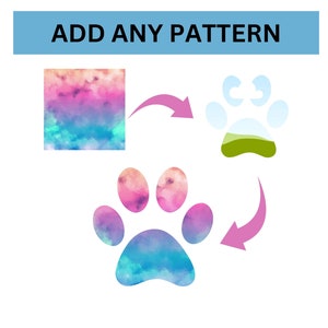 May include: A paw print design with a watercolor pattern of pink, blue, and green. The paw print is surrounded by a white background. The text "ADD ANY PATTERN" is at the top of the image.