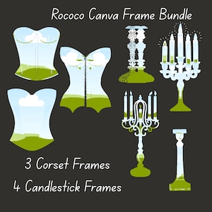 May include: A set of seven digital frames in a Rococo style. Three frames are shaped like corsets with a blue and green landscape design. Four frames are shaped like candlesticks with a white and green design. The text "Rococo Canva Frame Bundle" is at the top of the image. The text "3 Corset Frames" and "4 Candlestick Frames" is at the bottom of the image.