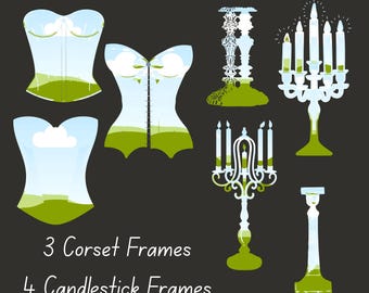 May include: A set of seven digital frames in a Rococo style. Three frames are shaped like corsets with a blue and green landscape design. Four frames are shaped like candlesticks with a white and green design. The text "Rococo Canva Frame Bundle" is at the top of the image. The text "3 Corset Frames" and "4 Candlestick Frames" is at the bottom of the image.