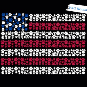 May include: An American flag design made up of paw prints in red, white, and blue. The paw prints are arranged in the shape of the American flag.
