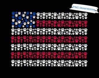 May include: An American flag design made up of paw prints in red, white, and blue. The paw prints are arranged in the shape of the American flag.