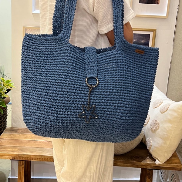 Blue Large Handmade Shoulder Bag, Crochet Women's Crossbody Bag, Unique Crochet Raffia Tote, Girlfriend Gift, Large Leather Shoulder Bag.