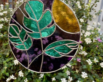 Monstera Moon Sun Stained Glass | Handmade Art Window Decor Floral Craft Plant