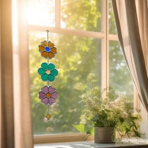 Hanging Flower Stained Glass Chain Handmade Art Window Decor Floral Craft image 2