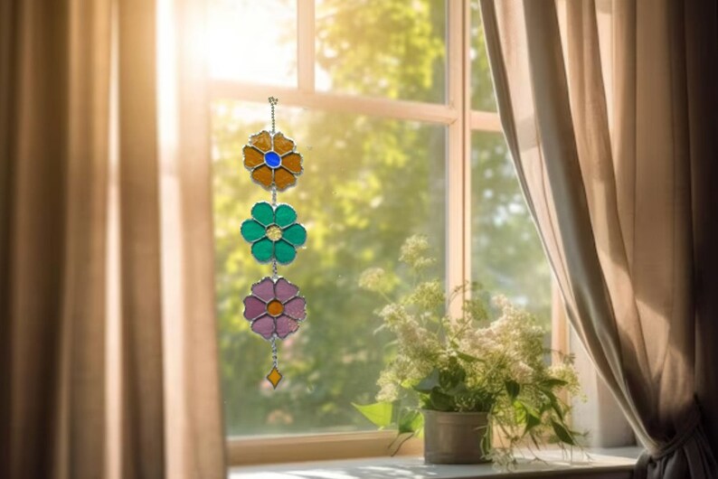 Hanging Flower Stained Glass Chain Handmade Art Window Decor Floral Craft image 2