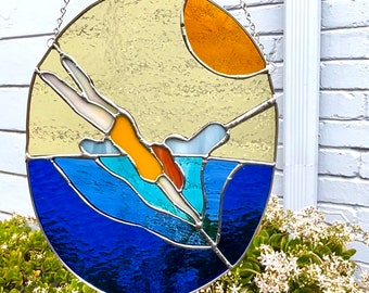 Sunlit Dive Stained Glass Art | Handmade Original Design Swimming Diving Water