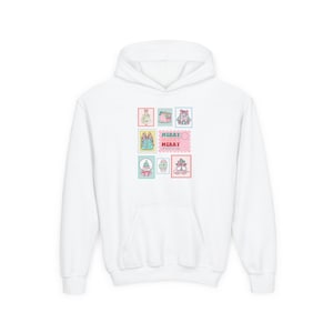 Merry Holiday Youth Hoodie, Cute Holiday Sweatshirt, Kids Christmas Pullover, Festive Cozy Wear for Kids, Perfect Holiday Gift, Stamp design
