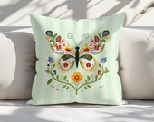Floral Folk Art Butterfly Pillow Cover | Eclectic Home Decor Cushion for Bedroom, Sofa, Chair | Trendy Colorful Summer Accent Pillowcase