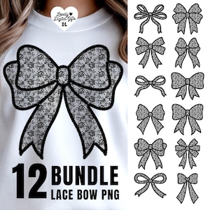 May include: A set of 12 black and white lace bow PNG files. The bows are in various sizes and shapes. The text "12 Bundle Lace Bow PNG" is at the bottom of the image.