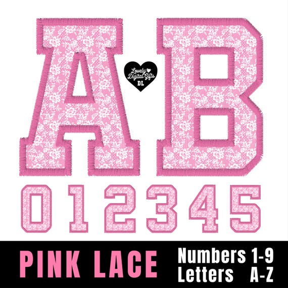 Pink lace Varsity Letters png, Lace Varsity Alphabet Png, Floral Varsity Png, White lace designs, Lace Clipart, Chinoiserie Girly Font Png
