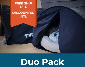 Duo Cozy Pack: Calming Pet Retreat • Soothing Anti-Anxiety Dog, Cat Bed • Portable, Dark Cave Den Bed, Kittens, Puppies