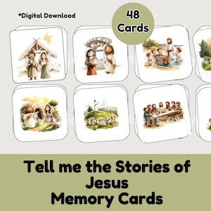 Puede incluir: Un conjunto de 48 tarjetas de memoria de descarga digital con ilustraciones en acuarela de escenas bíblicas. Las tarjetas cuadradas muestran historias de la vida de Jesús. El texto "Tell me the Stories of Jesus Memory Cards" se muestra en la parte inferior.
