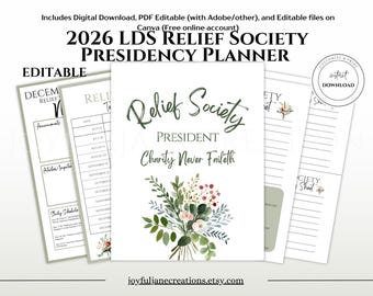 LDS Relief Society Presidency Planner binder, Editable RS newsletter, calendar, ministering, RS lesson 2026 Come Follow Me Schedule & More!