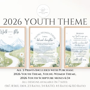 May include: Three framed prints with the text "2026 YOUTH THEME". The prints feature mountain landscapes and inspirational quotes. The prints are available in various sizes, including 5x7 and 8.5x11 inches.