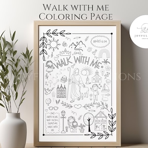 Könnte beinhalten: Ein gerahmtes Ausmalbild mit dem Text "WALK WITH ME COLORING PAGE" und Illustrationen eines Hirten, einer Kirche und anderer religiöser Symbole. Der Rahmen ist hellbraun.