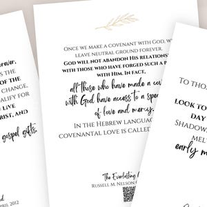 Puede incluir: Dos tarjetas blancas imprimibles con texto negro. La tarjeta de la izquierda tiene el texto "Our is the power of the..." y la tarjeta de la derecha tiene el texto "Once we make a covenant with God..." y "The Everlasting... Russell M. Nelson".