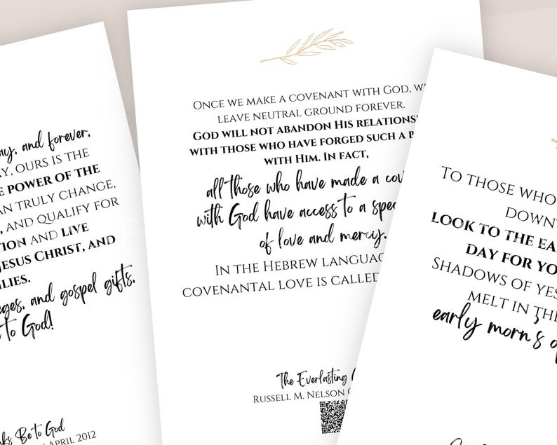 Puede incluir: Dos tarjetas blancas imprimibles con texto negro. La tarjeta de la izquierda tiene el texto "Our is the power of the..." y la tarjeta de la derecha tiene el texto "Once we make a covenant with God..." y "The Everlasting... Russell M. Nelson".