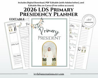 LDS-map primair presidium, bewerkbare primaire planner, jeugdwerkpresident helpt, schema jeugdwerkgroep Come Follow Me-muziek 2026 en leslijsten