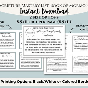 Tekstenbeheersing uit het Boek van Mormon, afdrukbare kaarten uit het hoofd van de Schrift met vers, uitreikblad voor seminarie, LDS YM, YW, instituut en ysa