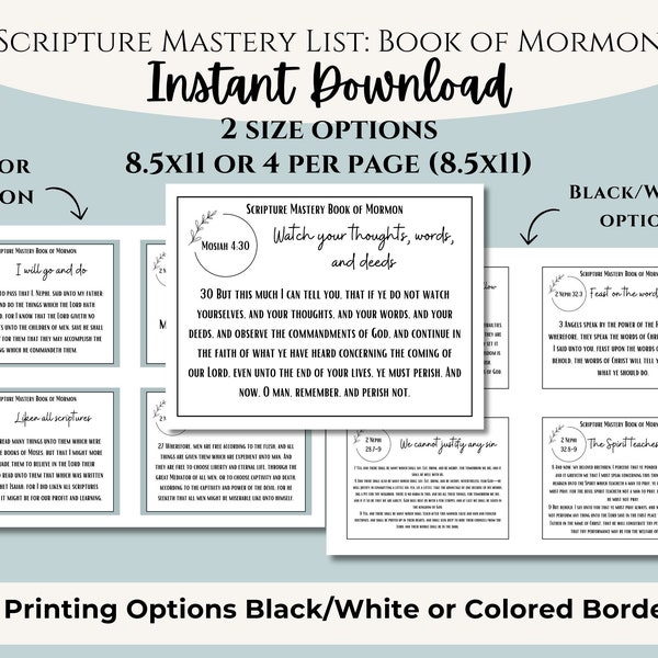 Book of Mormon scripture mastery, printable scripture memorization cards with verse, handout for seminary, LDS YM, YW, institute and ysa