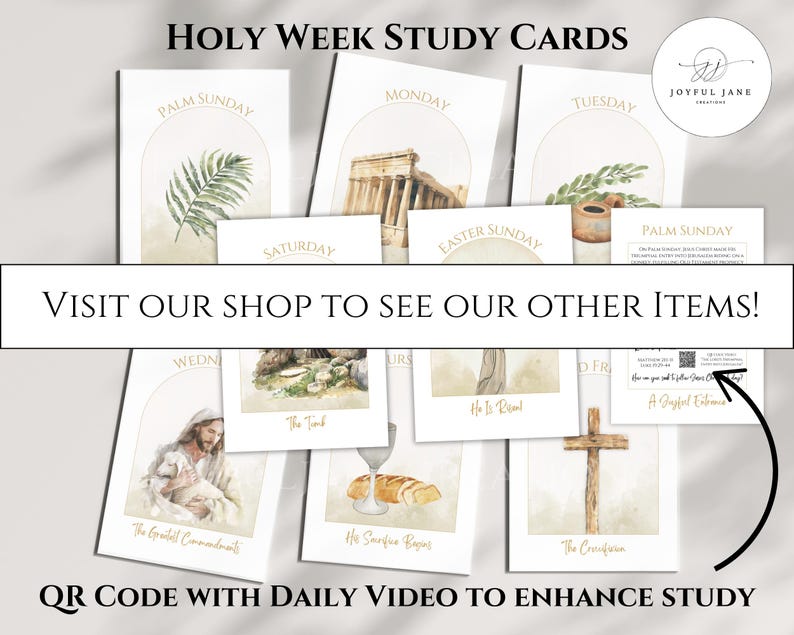 Op de afbeelding: Een verzameling Holy Week Study Cards met aquarel illustraties en gouden tekst. De kaarten tonen afbeeldingen van Palmzondag, maandag, dinsdag, zaterdag, Paaszondag en andere religieuze thema's. De tekst "Visit our shop to see our other items!" is ook zichtbaar.