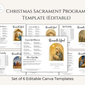 Puede incluir: Un conjunto de seis plantillas editables de Canva para un programa de Sacramento de Navidad. Las plantillas presentan ilustraciones de acuarela de la escena de la Natividad e incluyen texto como "Christmas Sacrament Program Template (Editable)" y "The Church of Jesus Christ of Latter-day Saints."