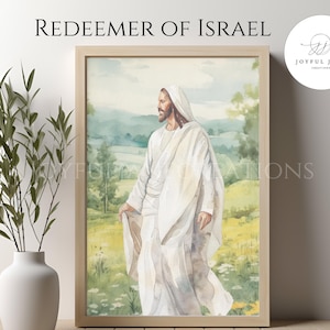 May include: A watercolor painting of Jesus Christ walking through a field. He is wearing a white robe and has a long beard. The background is a green field with trees and a blue sky.
