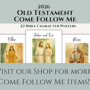 Op de afbeelding: Een promotieafbeelding voor Bijbelse karakterposters. De afbeelding toont drie posters met illustraties van Esther, Adam en Eva en Mozes. Tekst bevat "2026 Oude Testament Kom en volg mij" en "Bezoek onze shop voor meer Kom en volg mij items!"