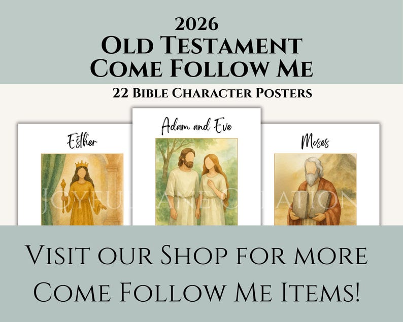 Op de afbeelding: Een promotieafbeelding voor Bijbelse karakterposters. De afbeelding toont drie posters met illustraties van Esther, Adam en Eva en Mozes. Tekst bevat "2026 Oude Testament Kom en volg mij" en "Bezoek onze shop voor meer Kom en volg mij items!"