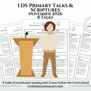 Peut inclure: Une collection de pages imprimées intitulées LDS Primary Talks & Scriptures November 2026 8 Talks. Les pages présentent du texte et une illustration centrale d'une personne debout derrière un pupitre marron. Une icône circulaire indique un téléchargement.