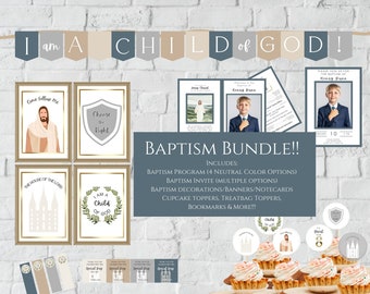 Kit de bautismo LDS, paquete de bautismo con colores neutros, invitación y programa editables, decoraciones, adornos para cupcakes, pancartas, descarga instantánea