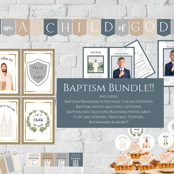 LDS Baptism Kit, Baptism Bundle with neutral colors, Editable Invitation & Program, Decorations, cupcake toppers, banners, instant download