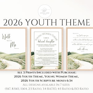 May include: Three framed prints with the text "2026 Youth Theme" and "Young Women Theme". The prints feature watercolor landscape art with text. The prints are available in 7 sizes, including 5x7, 8.5x11, and 11x14 inches.
