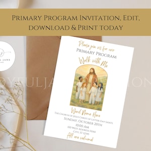 Puede incluir: Una tarjeta de invitación blanca con el texto "PRIMARY PROGRAM" y "Walk with Me". La tarjeta presenta una ilustración de Jesús con niños. El texto "All are welcome!" está en la parte inferior. Un sobre marrón está detrás de la tarjeta.