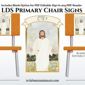 Op de afbeelding: Een set printbare LDS Primary stoeltekens met een afbeelding van Jezus Christus. De tekens zijn bewerkbaar in PDF-formaat en bevatten een blanco optie voor aanpassing. De tekst "CTR 5" is zichtbaar op een van de tekens.
