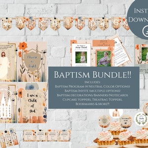 May include: A digital download bundle for a baptism celebration. The bundle includes a program, invitation, decorations, banners, notecards, cupcake toppers, treat bag toppers, bookmarks, and more. The design features a watercolour floral pattern with orange, peach, and green colours.