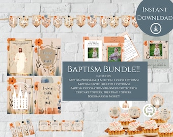 Kit de bautismo floral LDS, paquete de bautismo con colores boho/neutrales, invitación y programa editables, decoraciones, pancartas para cupcakes, descarga instantánea