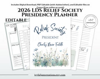 LDS Relief Society Presidency Planner binder, Editable RS newsletter, calendar, ministering, RS lesson 2026 Come Follow Me Schedule & More!