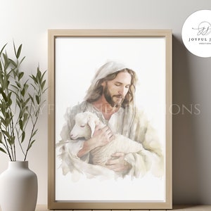 Jesus Christus "Ich kenne meine Schafe", sicher in seinen Armen, Jesus hält Lamm, verlorene Schafkunst, guter Hirte christliche Kunst Digitaldruck, religiös
