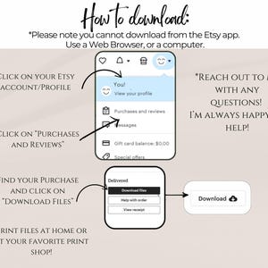 Puede incluir: Una gu&iacute;a de cuatro pasos sobre c&oacute;mo descargar archivos digitales de Etsy. La gu&iacute;a incluye una representaci&oacute;n visual de la interfaz del sitio web de Etsy, destacando los pasos para encontrar y descargar los archivos comprados. La gu&iacute;a tambi&eacute;n incluye una nota que indica que las descargas no est&aacute;n disponibles a trav&eacute;s de la aplicaci&oacute;n Etsy.