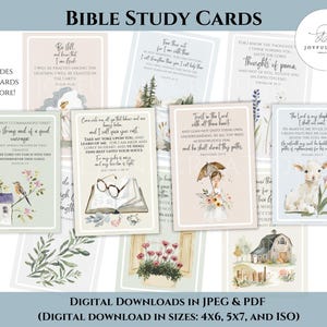 May include: A collection of Bible study cards with watercolor illustrations and inspirational quotes. The cards feature images of a lamb, a birdhouse, and other pastoral scenes. Text on the cards includes Bible verses and phrases. The words "Bible Study Cards" are at the top.
