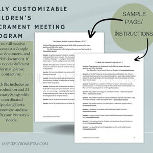 Op de afbeelding: Een aanpasbaar kinder sacrament meeting programma. Het programma bevat een inleiding, 24 primaire liederen en geco&ouml;rdineerde spreekonderdelen. De tekst op de voorbeeldpagina bevat instructies en de tekst "I Search the Holy Scriptures".