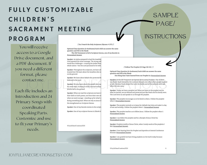Op de afbeelding: Een aanpasbaar kinder sacrament meeting programma. Het programma bevat een inleiding, 24 primaire liederen en geco&ouml;rdineerde spreekonderdelen. De tekst op de voorbeeldpagina bevat instructies en de tekst "I Search the Holy Scriptures".